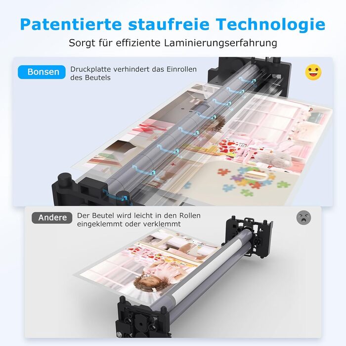 Ламінатор BONSEN A4 з технологією Never Jam, 60 пакетів для ламінування в комплекті (30 x A4, 15 x A5, 15 x A6), точний контроль температури NTC, швидке ламінування для дому, школи, офісу, ламінатор L3401 A4 60 пакетів для ламінування