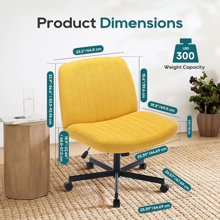 Широке офісне крісло COLAMY, м&39яке офісне крісло без підлокітників, поворотне крісло для домашнього офісу, функція гойдання 115, ергономічне комп&39ютерне крісло для домашнього офісу, для макіяжу, ігор (з колесами, жовтий) Жовтий з колесами