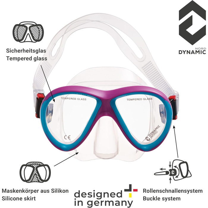 Набір для підводного плавання La Gomera Pro Jr. для дітей Розроблено в Німеччині Професійний силіконовий 2-елементний дитячий дайвінг-набір (маска для підводного плавання, трубка та сітчаста сумка) з сухою трубкою та захисною лінзою рожевого/блакитного ко