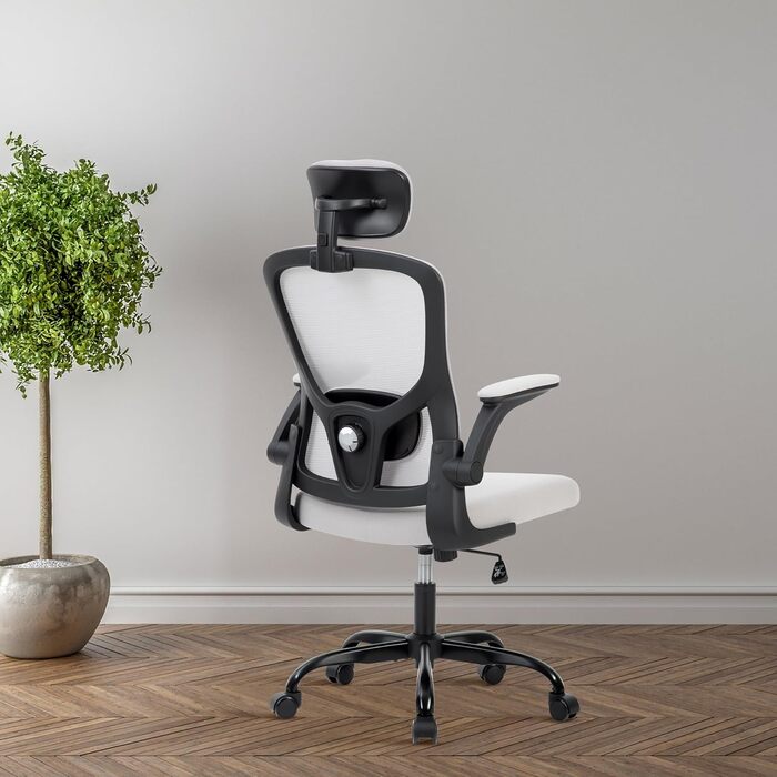 Ергономічне офісне крісло, регульована спинка з сітки з поперековою опорою та підголівником зручне обертове сидіння для дистанційної роботи/домашнього офісу (сталевий сірий легке складання за 10 хвилин)