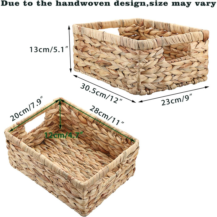 Водяний гіацинтовий плетений кошик для зберігання з ручкою, кошик для полиці з натуральним плетенням, водонепроникний, зберігання одягу, постільної білизни, фруктів, пива, іграшок, паперів Живі товари (товари) 30,5x23x13 см