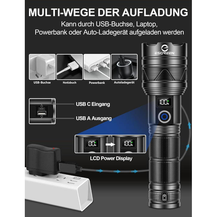 Світлодіодний ліхтарик Esgreen надзвичайно яскравий 500000 люменів далекого радіусу дії, акумуляторний тактичний ліхтарик USB C з ємним акумулятором, 5 режимами масштабування, великий ліхтарик для безпеки кемпінгу, 32,0 Вт-години