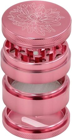 Преміум подрібнювач Cruncher Стійкий до ударів алюмінієвий подрібнювач Дробарка для спецій Подрібнювач спецій з квітами на кришці Магнітна Ø55 мм Металева кавомолка 4 шт. и рожева