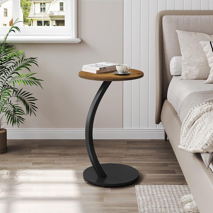 Журнальний столик WOLTU C-подібної форми, круглий журнальний столик, столик для дивана, маленький столик для дивана, ліжка, з металевим каркасом та стільницею з МДФ, індустріальний стиль, 40 x В 65 см, вінтажний вигляд дерева, BTS21hov