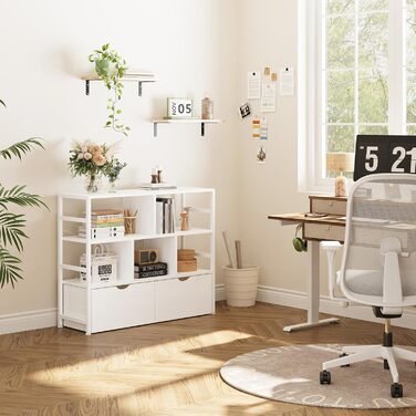 Книжкова полиця Dripex з 2 шухлядами, книжкова шафа з 7 відділеннями з дерева та металевого каркасу, окремостояча кубічна полиця для спальні, вітальні, кабінету, офісу, 33 x 100 x 90 см, біла