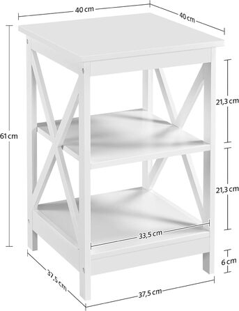 Приліжковий столик 3 яруси Приліжковий столик з Х-подібними ніжками Диванний столик Журнальний столик для спальні та вітальні, 40x40x61 см, Білий/Розкішний сад