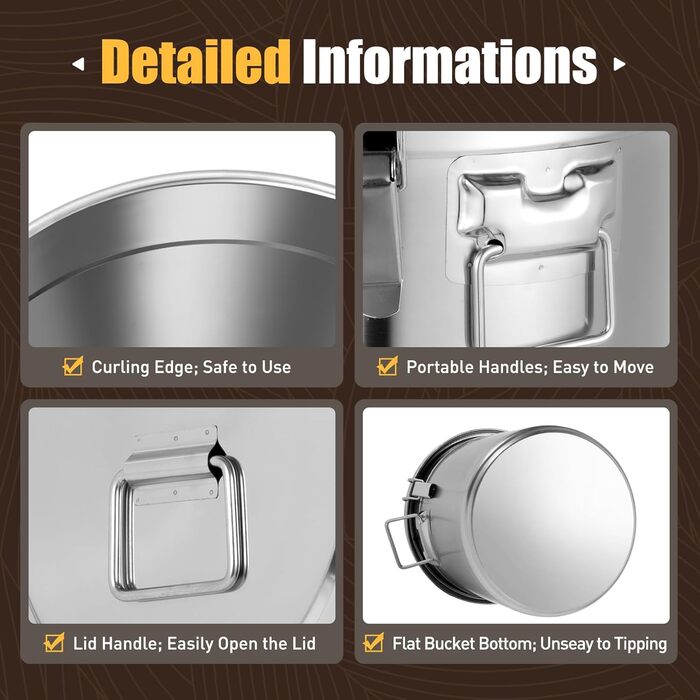 Герметичне відро з нержавіючої сталі з кришкою 6 л/12 л/21 л/33 л - Контейнер з нержавіючої сталі для зберігання на кухні, контейнер для зерна, контейнер для борошна із засувками для рису, борошна та зерна (38x38x36 см 33 л)