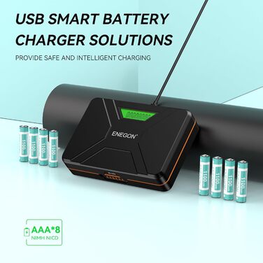 Швидкий зарядний пристрій ENEGON на 8 відсіків для батарейок AA/AAA з РК-дисплеєм 8 акумуляторних нікель-металгідридних батарейок AAA (1100 мАг), зарядна станція USB-C з відділенням для зберігання для пультів дистанційного керування, термометрів та електр