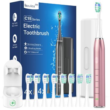 Електрична звукова зубна щітка для дорослих - відбілююча ультразвукова електрична зубна щітка з дорожнім кейсом та зарядною станцією, з 8 насадками, 5 режимами чищення, рожеве золото