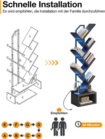 Книжкова полиця Coleshome у формі дерева, 6-ярусна окремостояча полиця, дерев&39яна книжкова полиця зі світловою стрічкою, підходить для вітальні та спальні, чорна