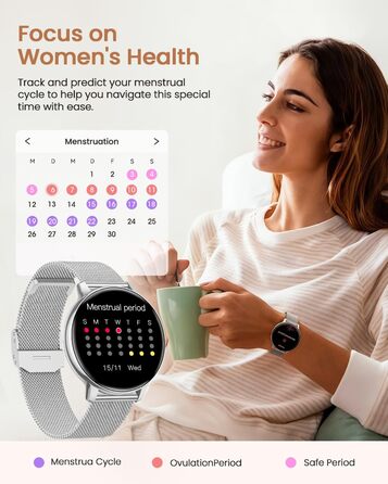 Жіночий круглий смарт-годинник, фітнес-годинник з функцією телефону, 24-годинний монітор серцевого ритму, відстеження SpO2, відстеження менструального циклу, понад 120 спортивних режимів, відстеження сну, водонепроникність IP68, крокомір, сумісний з iOS/A