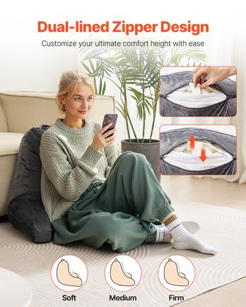 Подушка для читання VEVOR (велика) з подрібненим пінним матеріалом з ефектом пам&39яті, подушка для спини (381 x 508 x 254 мм) з 3 кишенями та коротким оксамитовим чохлом, який можна прати, верх з ручкою, для перегляду телевізора, читання, ігор