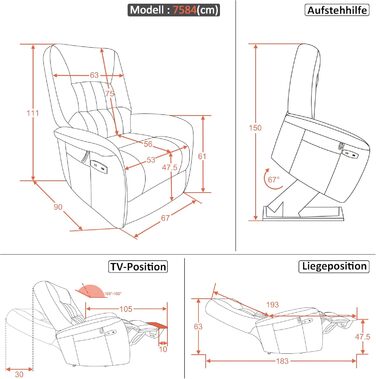 Крісло для телевізора M MCombo з електричним підйомником, 2 двигуни, з масажем та підігрівом, реклайнер з функцією лежання до 160, подушка сидіння з повного пінополіуретану 35D 7584 (мікрофібра, сірий)