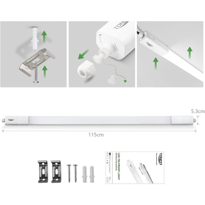 Світлодіодна вологозахищена лампа TONFFI 115 см, світлодіодна трубка 36 Вт 4100 лм, послідовне підключення, нейтральний білий, водонепроникна вологозахищена лампа IP65 Ванна лампа Стельовий світильник для підвалу, майстерні, гаража, кухні, ванної кімнати,