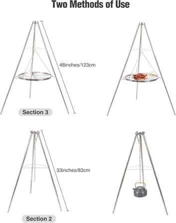 Поворотний гриль REDCAMP з решіткою для гриля, включаючи ланцюги, регульована висота, поворотний гриль для кемпінгу з нержавіючої сталі з круглою решіткою для гриля та сумкою для перенесення для барбекю на свіжому повітрі, сріблястий