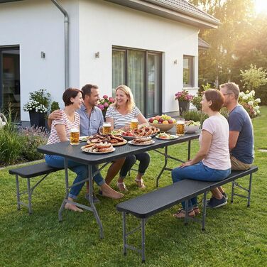 Розкладний фуршетний стіл Sekey, пластик 180 x 74 x 74 см, садовий стіл під ротанг з ручкою для перенесення Розкладний стіл для вечірок для саду, патіо та балкону Кемпінговий стіл на 6 осіб (чорний) Чорний/ротанг