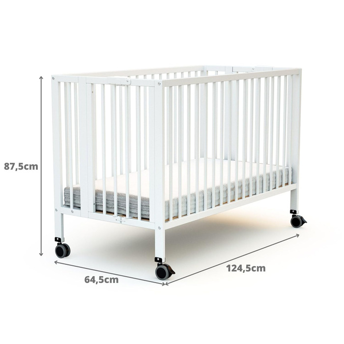 Складане дитяче ліжко 60x120 см Біле Складане дерев&39яне дитяче ліжко на колесах Біле 60 x 120-124,5 x 64,5 x 87,5 см, 4 - PRO ESSENTIEL