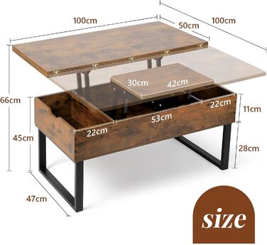 Журнальний столик VOWNER з регульованою висотою, багатофункціональний стіл для вітальні 3-в-1 з прихованим місцем для зберігання, який трансформується у обідній стіл для вітальні, колір вінтажного коричневого