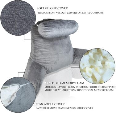 Подушка для читання Aidapt XL зі знімним підголівником, підлокітниками, поперековою опорою, чохлом, який можна прати, 2 кишенями, ручкою для перенесення, подрібненим пінополіуретаном, ідеально підходить для ліжка, ігор, перегляду телевізора або відпочинку