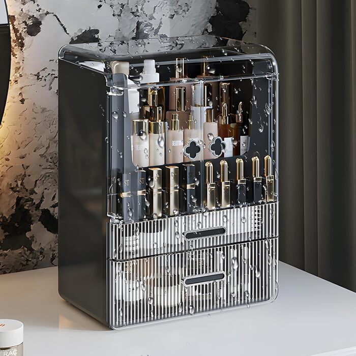 Органайзер для макіяжу, косметичне зберігання з кришками, пилонепроникний косметичний органайзер для макіяжу, косметична скринька високої місткості для спальні, ванної кімнати, чорний 1 1