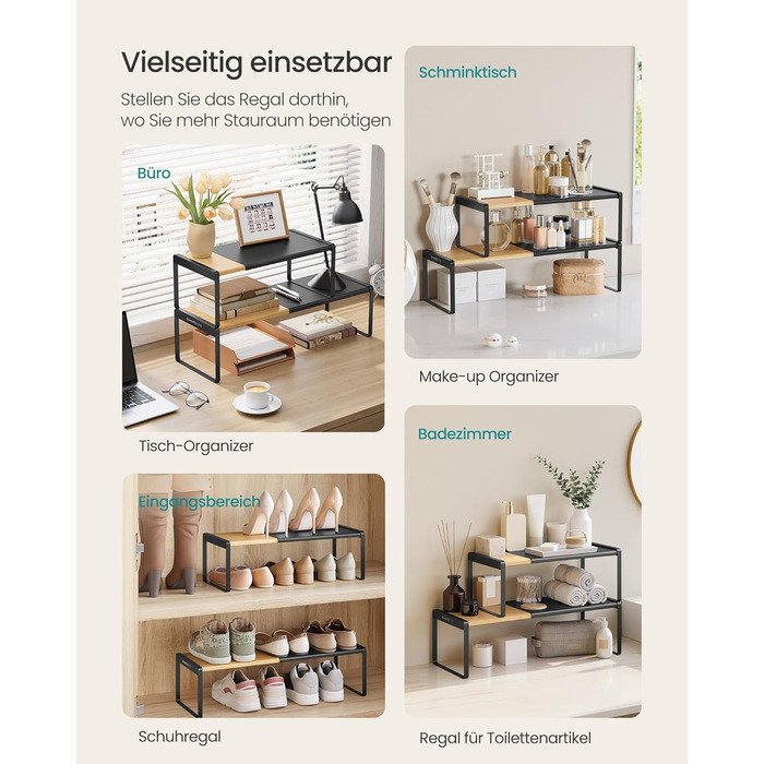 Стійка для спецій, набір з 2 шт. , висувна, кухонний органайзер, кухонна полиця, органайзер для шафи, тримач для спецій, кухня, невелика полиця, штабелюється, настільний органайзер, натуральний бежевий-чорний KCS051B01 2 натуральний бежевий чорнильний