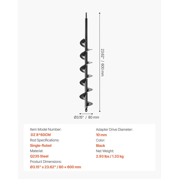 Бур для земляного буріння, діаметр 8x60 см, для стовпів, з шестигранним хвостовиком 3/8 дюйма, бур для копання ям, насадка для буріння отворів для встановлення садових стовпів та огорож