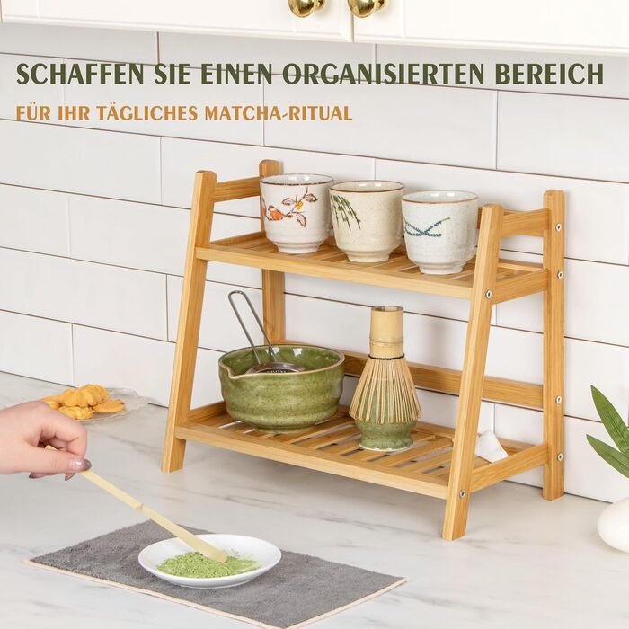 Бамбуковий кухонний органайзер, 2-рівнева полиця для чашок та спецій, підходить для зберігання аксесуарів для матчі та кави на кухні, вдома та в офісі