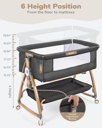 Дитяче ліжко COMOMY 3-в-1, дитяче ліжечко, дитяча колиска на колесах, включаючи матрац та москітну сітку, регулювання висоти в 6 напрямках