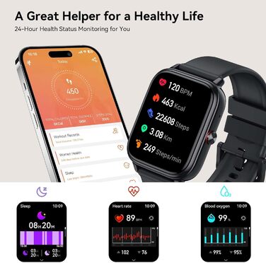 Розумний годинник для чоловіків та жінок, 1,83-дюймовий сенсорний HD-екран, 20-денний час роботи від батареї, фітнес-годинник з пульсометром, монітором сну, крокоміром, функцією Bluetooth-дзвінків, 112 спортивних режимів, водонепроникність IP68, спортивни
