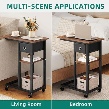 Журнальний столик YITAHOME, С-подібний диван-стіл з колесами та шухлядою, журнальний столик та журнальний столик для ноутбука, для вітальні, спальні, 50 x 30 x 67 см, рустикальний коричневий