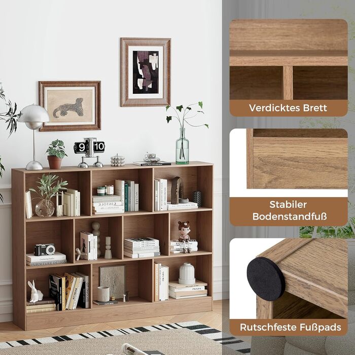 Книжкова полиця COSTWAY з 10 відділеннями, 3-рівнева окремостояча полиця, кубічна полиця, офісна полиця, полиця для зберігання речей для вітальні, спальні, кабінету, офісу, 140 x 24 x 104 см (натуральний колір) Натуральний 10 відділень (140 x 24 x 104 см)