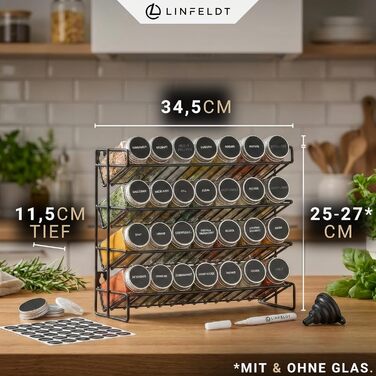 Підставка для спецій на 28 банок - 108 наклейок ручка шурупи для підвішування - Підставка для спецій на місці - Банки для спецій з полицею (спеції не входять до комплекту) - 34,5x25x11,5 см, Чорний