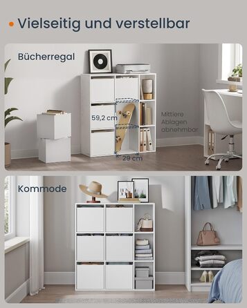 Книжкова полиця SONGMICS HOME, надшвидке складання без інструментів, технологія без інструментів, полиця з 9 відділеннями, окремостояча полиця, 6 шухляд з тканини, система полиць, 27 x 83 x 91,8 см, білосніжний колір LBC199W01, 9 рівнів (91,8 висоти см)