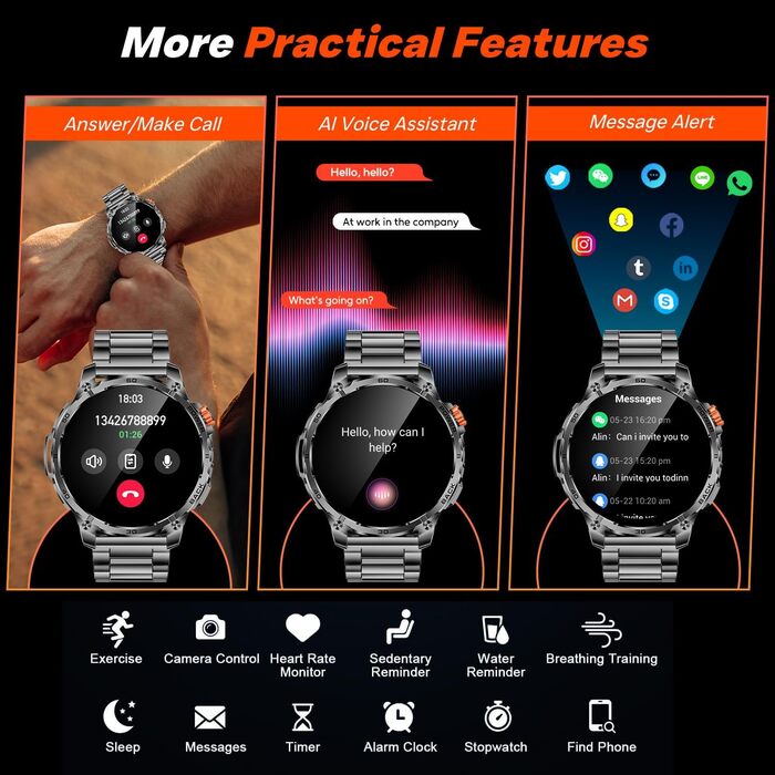 Чоловічий смарт-годинник із функцією телефону, годинник для спорту на свіжому повітрі 1,85-дюймовий HD смарт-годинник із пульсом, монітором сну, артеріальним тиском, крокоміром, фітнес-годинником із батареєю 1000 мАг, світлодіодним ліхтариком, сумісний з 