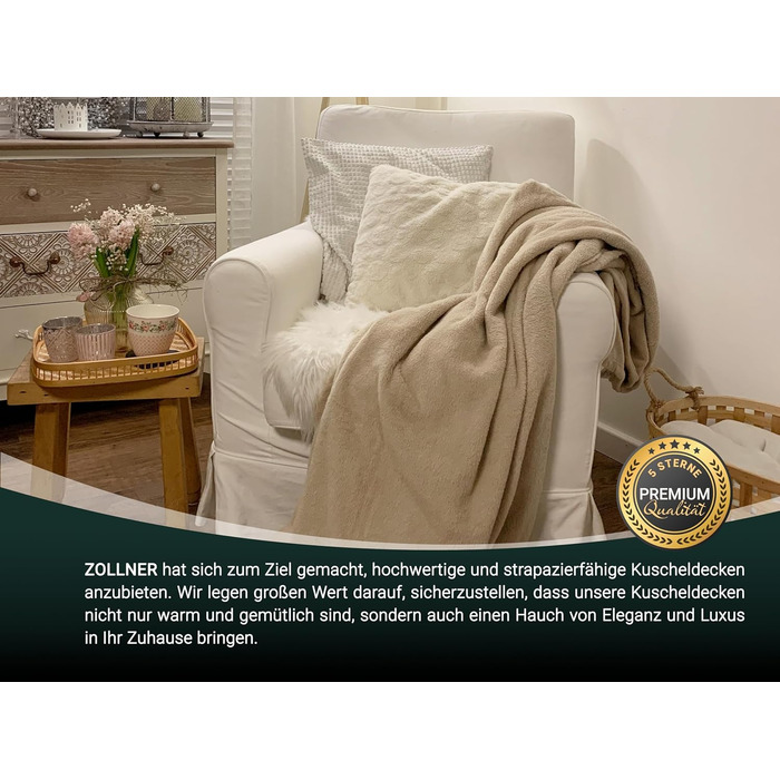 Плюшева ковдра ZOLLNER 150x200 см - суперм&39яка та тепла ковдра для дивана - можна прати при температурі до 95C - дихаюча мікрофібра бежевого кольору - якість готельної білизни - сертифікована Oeko Tex 150 x 200 см Бежевий