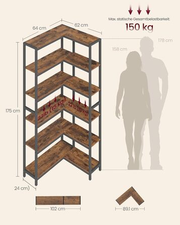 Ярусна книжкова полиця VASAGLE, кутова полиця, полиця для зберігання, 24 x 102 x 175,2 см, сучасна, для вітальні, спальні, офісу, вінтажний коричнево-чорний колір LLS606K01, 6-