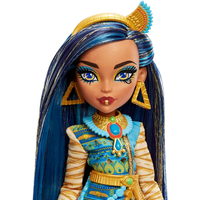Лялька Monster High Cleo de Nile, Модна лялька-мумія, Королівський костюм, Чоботи-вбивці, Рюкзак-піраміда, Аксесуари, для дітей віком від 4 років, HHK54
