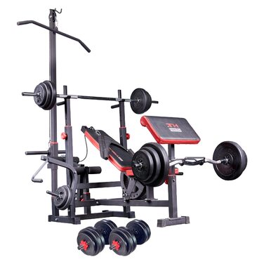 Багатофункціональна силова лава Train Hard з силовою станцією для тяги ширшого хвата, дисками вагою від 90 до 150 кг, штангою та комплектом штанг, що складається зі штанги, гантелей та грифа для згинань рук штанги 100 кг, гантелей та грифа для згинань рук