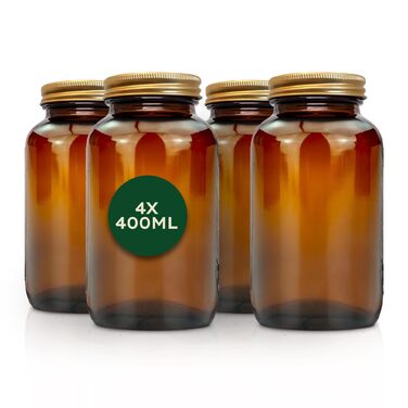 Набір скляних банок для зберігання Nature Basics - 4 x 400 мл - Банки з бурштинового скла з різьбовими кришками та щільно закриваючими алюмінієвими кришками - для зберігання продуктів та косметики - Герметичні та придатні для миття в посудомийній машині