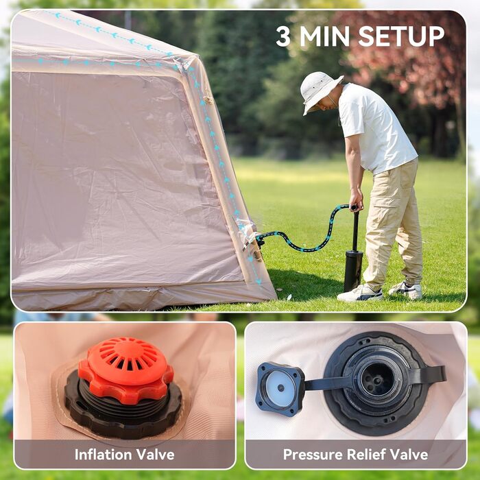 Надувний кемпінговий намет MOPHOTO, водонепроникний, тканина Оксфорд з ручним насосом, просторий, простий у встановленні, надувний кемпінговий повітряний намет для сімейного глемпінгу (2-4 особи)