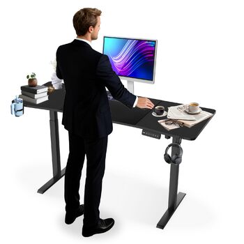 Електричний стіл з регульованою висотою, 140x60 см, із зарядним портом Type-C, гачком для навушників та підсклянником. Електричний стіл для роботи сидячи та стоячи з функцією пам&39яті, чорний.