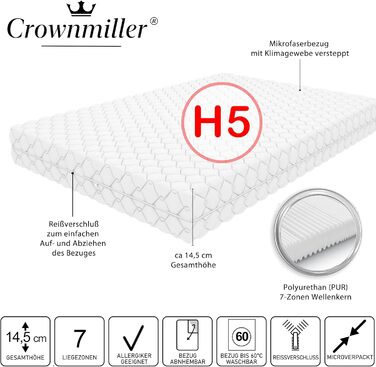 Зонний матрац Gigant Plus 140 x 200 см H5/наджорсткий - товщина приблизно 14,5 см, чохол можна прати при температурі до 60 градусів, сертифікований Oeko-TEX 100. 140 x 200 см наджорсткий - загальна висота 14,5 см, 7-