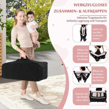 Дорожнє ліжечко 4-в-1 з матрацом, дитяче ліжечко 102 x 73 см з колесами, пеленальний килимок та колиска, складне приліжкове ліжечко для дітей 0-36 місяців та вагою до 15 кг (рожеві квіти)