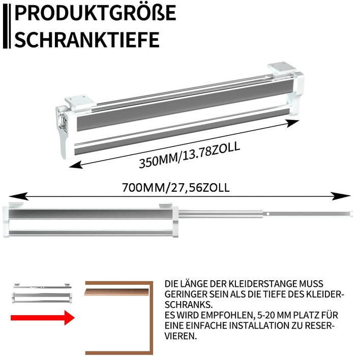 Висувна штанга для одягу, 350 мм/13,78 дюйма, багатофункціональний тримач для штанів для шафи, висувна штанга для одягу, штанга для одягу з функцією штовхання та висування 350 мм/13,78 дюйма