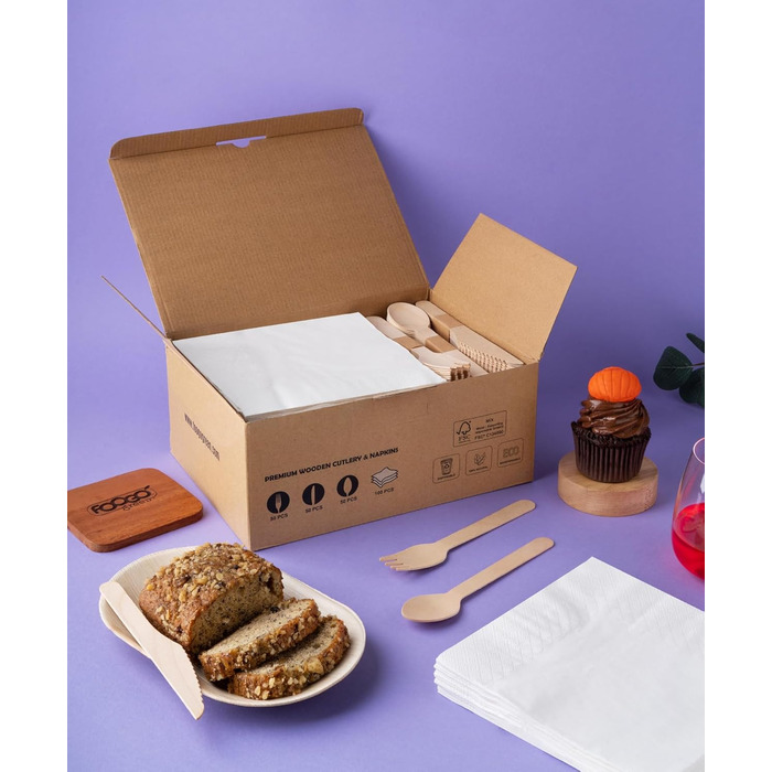 Набір одноразових дерев&39яних столових приборів FOOGO Green з 250 предметів та білих серветок, 50 виделок, 50 ножів, 50 ложок, 100 коричневих серветок, двошарові міцні паперові серветки, екологічно чистий набір столових приборів