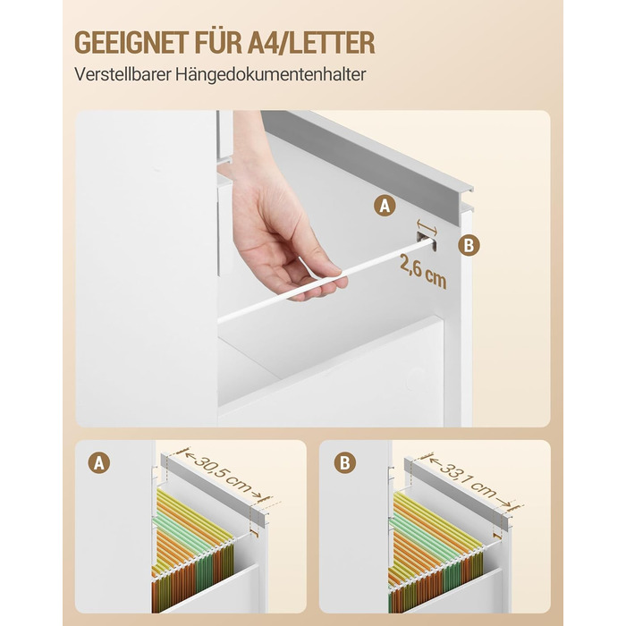 Контейнер на колесах Hzuaneri, шафа для документів, офісна шафа, що замикається, з 3 шухлядами, додаткове місце для зберігання зверху, шафа з шухлядами для формату DIN A4, Letter, для офісу, домашнього офісу, 40 x 40 x 70 см Білий FC41003XV1