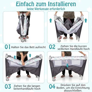 Дитяче ліжечко DREAMADE 120 x 60 см з колесами, дорожнє ліжечко 4 в 1 з матрацом, складне дитяче ліжечко як пеленальний столик та манеж, дорожнє ліжечко для малюків від народження (сіре)