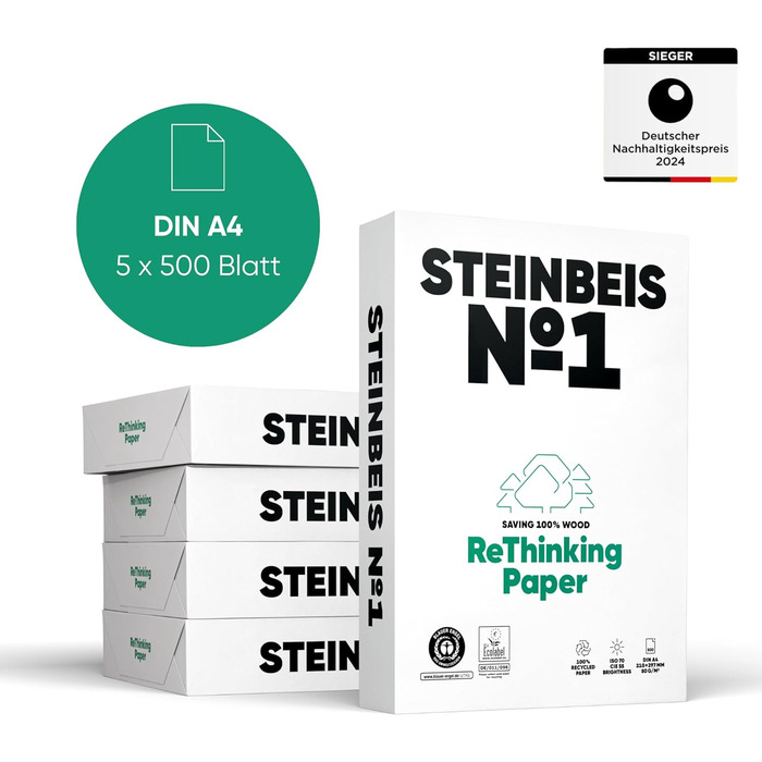 Папір для принтера Steinbeis No. 1 перероблений папір формату DIN A4 80 г/м, білий і без хлору, високоякісний копіювальний папір на 2500 (5 x 500) аркушів ISO 70 / CIE 55