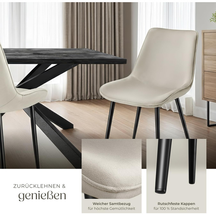 Стільці для обіду tectake, комплект з 2 шт., м&39яке крісло, кухонне крісло, крісло для вітальні, крісло для туалетного столика, ергономічне крісло з оксамитовою спинкою та сидінням, чорні металеві ніжки - кремові, комплект з 2 шт.