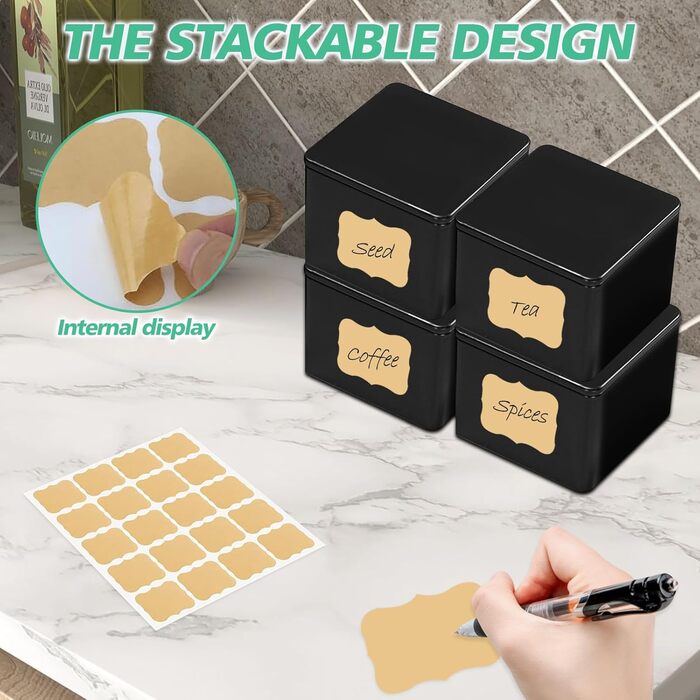 Класичних квадратних чайних банок, 8,5x8,5 см, для розсипного чаю, контейнери з 20 етикетками, ароматизовані металеві банки для зберігання чаю, кавових зерен, спецій, борошна, рису (висота 8,6 см та 6,5 см), 8